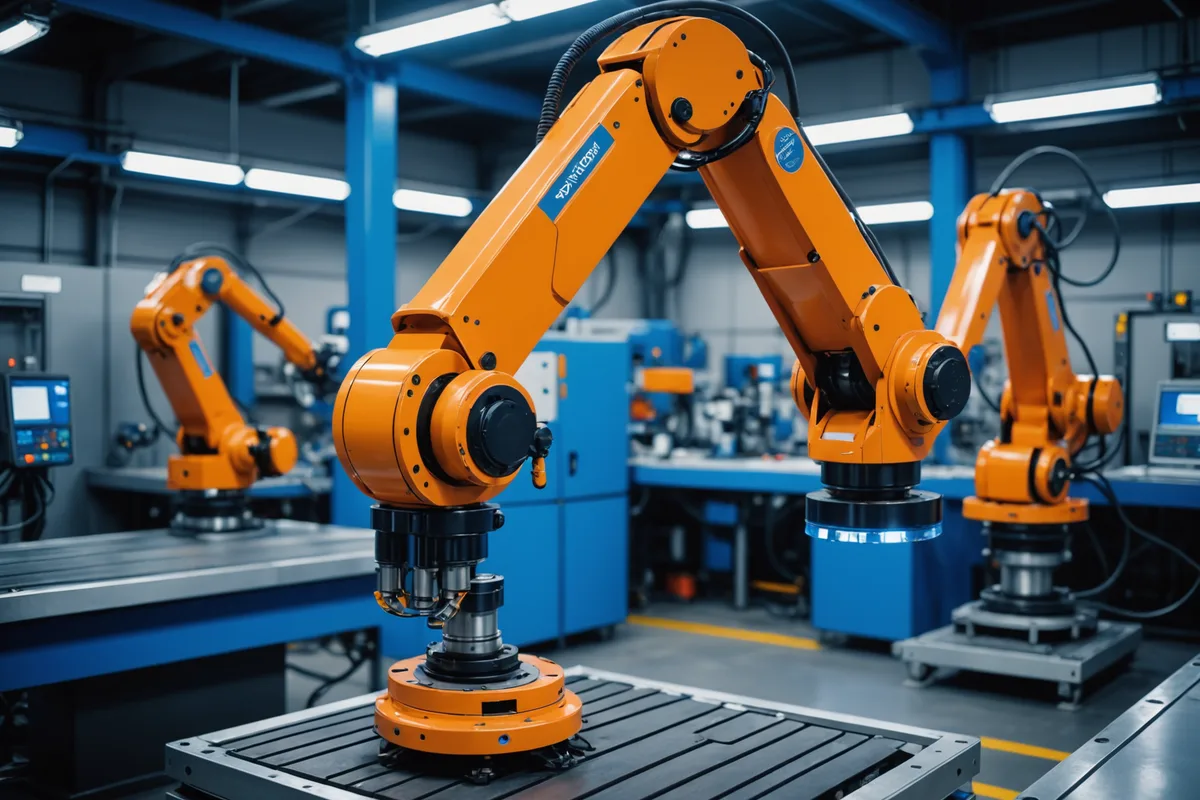 Industrial robot arm performing precise pick-and-place on an automotive assembly line, motion blur on the arm, factory floor behind it, dramatic lighting